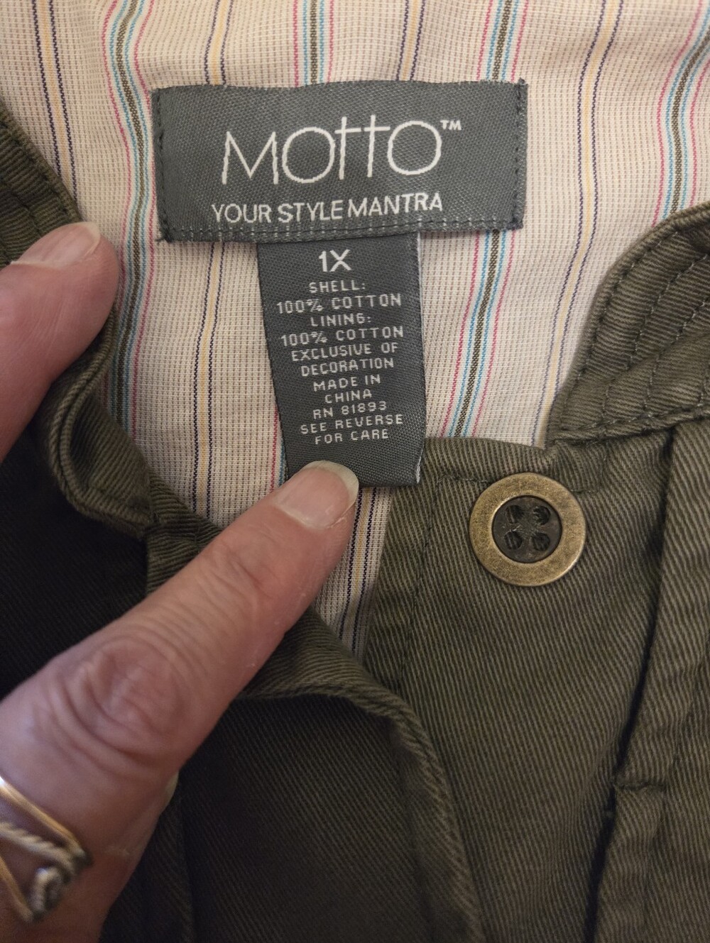 MOTTO Olive Green Cotton Jacket Grommets Rivets Studs Plus Size 1X - Picture 2 of 6